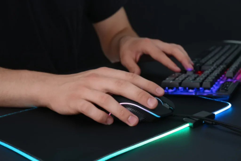 Uma pessoa com sua mão esqueda no mouse que em baixo contém um mouse pad gamer e mão direta no teclado.